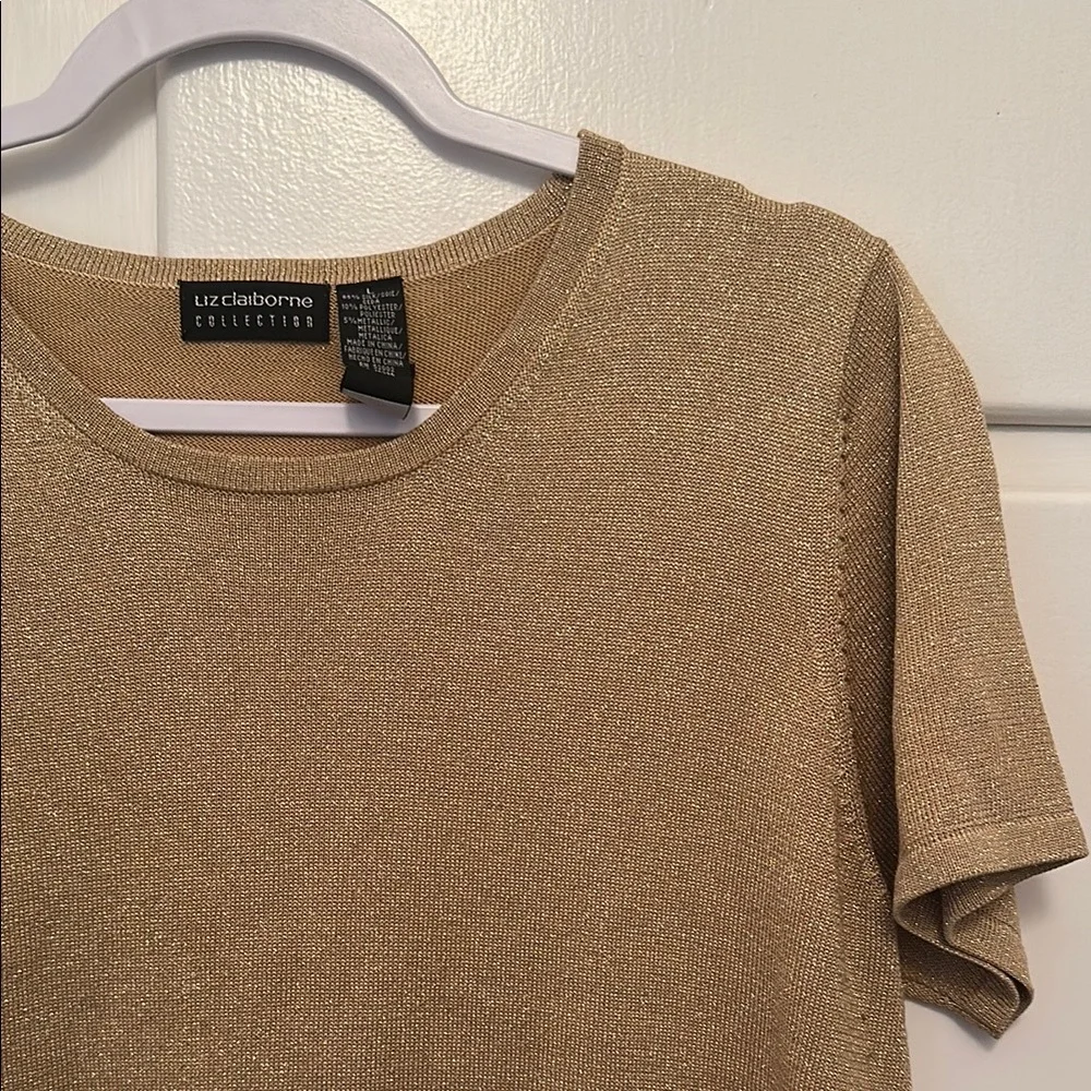 LIKE NEW Gold Shimmer Short Sleeve Sweater Top Silk Blend - Picture 2 of 4
